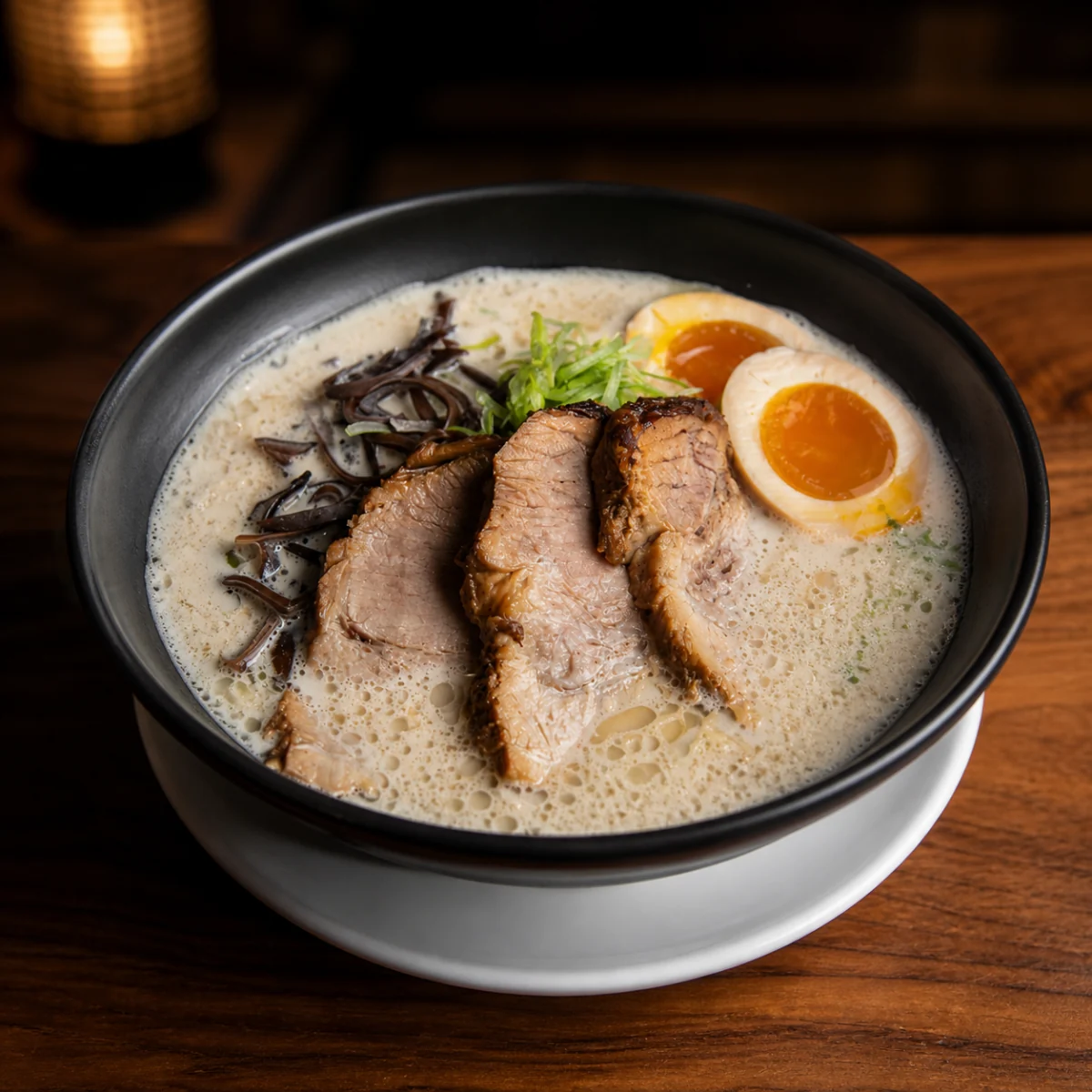 A bowl of Bincho tonkotsu ramen with a soft-boiled tamago, shot from above